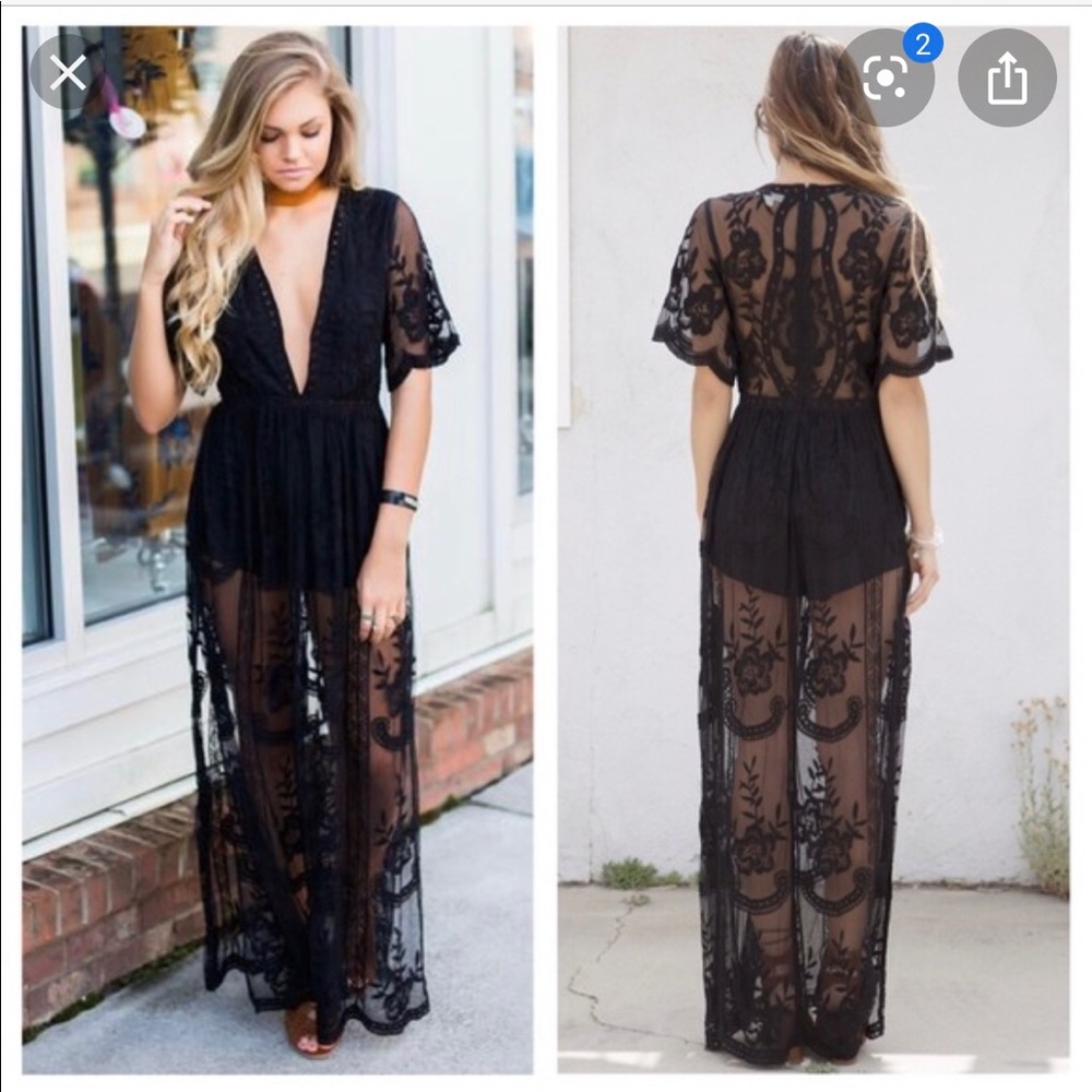 Honey Punch black lace romper maxi dress